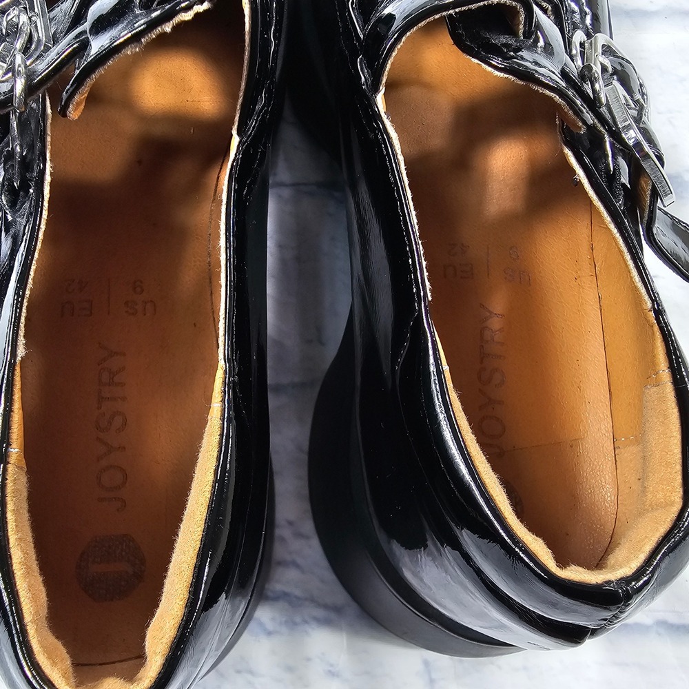 Joystry Platform Mary Jane Womens 42 9 Black Patent Leather Double Buckle Wedge - Picture 9 of 10